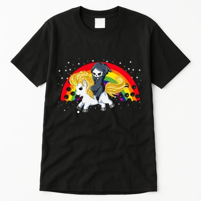 Cute Scary Ghost Face Skull Reaper On Golden Unicorn Rainbow Tall T-Shirt