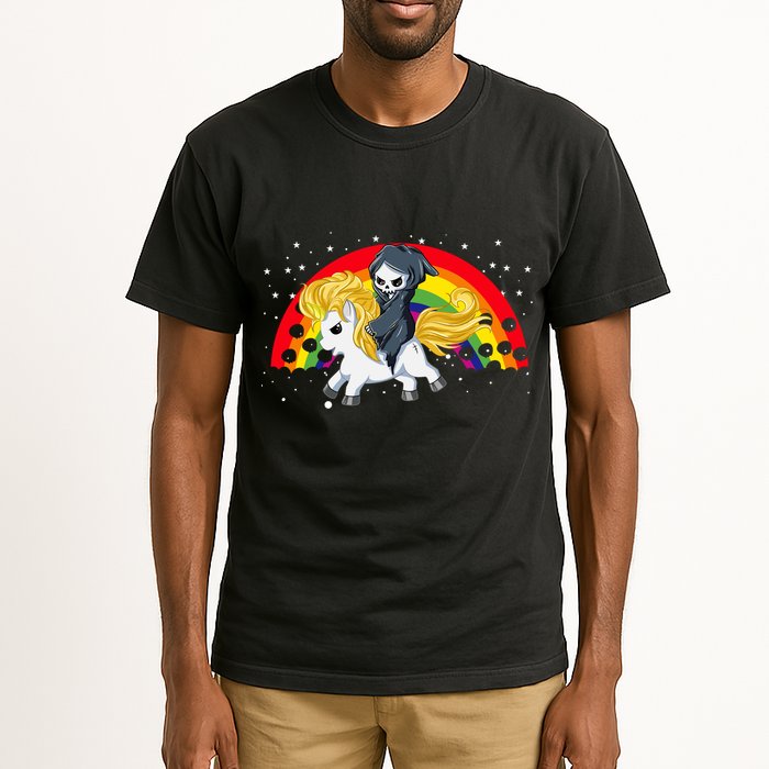 Cute Scary Ghost Face Skull Reaper On Golden Unicorn Rainbow Tall T-Shirt