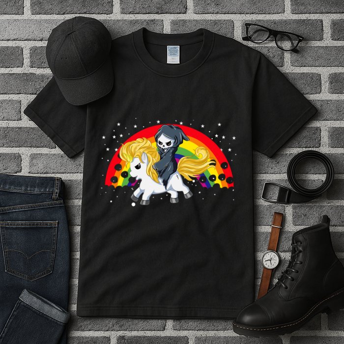 Cute Scary Ghost Face Skull Reaper On Golden Unicorn Rainbow Tall T-Shirt
