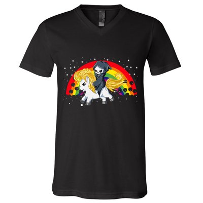 Cute Scary Ghost Face Skull Reaper On Golden Unicorn Rainbow V-Neck T-Shirt