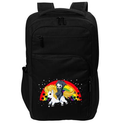 Cute Scary Ghost Face Skull Reaper On Golden Unicorn Rainbow Impact Tech Backpack