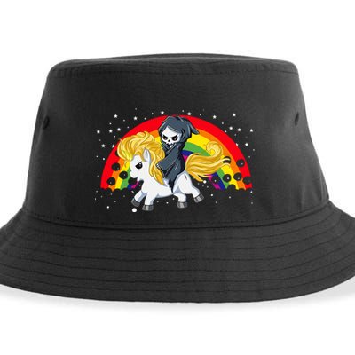 Cute Scary Ghost Face Skull Reaper On Golden Unicorn Rainbow Sustainable Bucket Hat