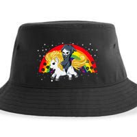 Cute Scary Ghost Face Skull Reaper On Golden Unicorn Rainbow Sustainable Bucket Hat