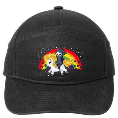 Cute Scary Ghost Face Skull Reaper On Golden Unicorn Rainbow 7-Panel Snapback Hat