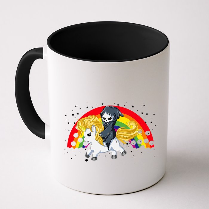Cute Scary Ghost Face Skull Reaper On Golden Unicorn Rainbow Mug