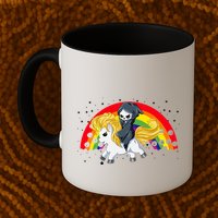 Cute Scary Ghost Face Skull Reaper On Golden Unicorn Rainbow Mug