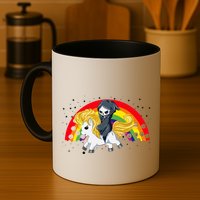 Cute Scary Ghost Face Skull Reaper On Golden Unicorn Rainbow Mug