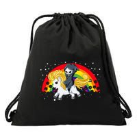 Cute Scary Ghost Face Skull Reaper On Golden Unicorn Rainbow Drawstring Bag