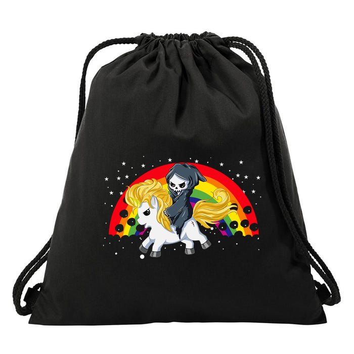 Cute Scary Ghost Face Skull Reaper On Golden Unicorn Rainbow Drawstring Bag