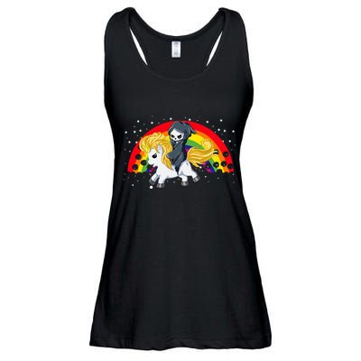 Cute Scary Ghost Face Skull Reaper On Golden Unicorn Rainbow Ladies Essential Flowy Tank