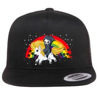 Cute Scary Ghost Face Skull Reaper On Golden Unicorn Rainbow Flatbill Hat