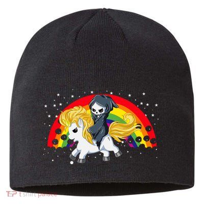 Cute Scary Ghost Face Skull Reaper On Golden Unicorn Rainbow Sustainable Beanie