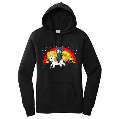 Cute Scary Ghost Face Skull Reaper On Golden Unicorn Rainbow Women's Pullover Hoodie
