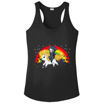 Cute Scary Ghost Face Skull Reaper On Golden Unicorn Rainbow Ladies PosiCharge Competitor Racerback Tank