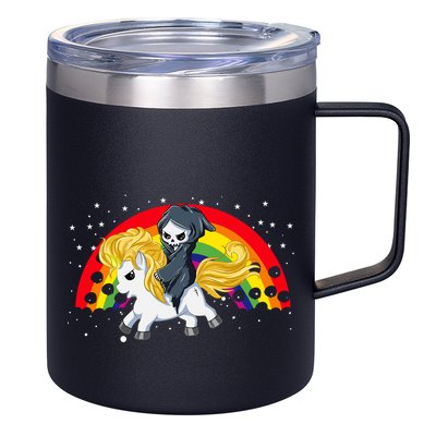 Cute Scary Ghost Face Skull Reaper On Golden Unicorn Rainbow 12oz Stainless Steel Coffee Mug