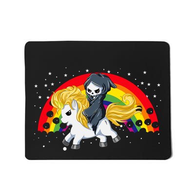 Cute Scary Ghost Face Skull Reaper On Golden Unicorn Rainbow Mousepad