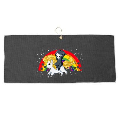 Cute Scary Ghost Face Skull Reaper On Golden Unicorn Rainbow Large Microfiber Waffle Golf Towel