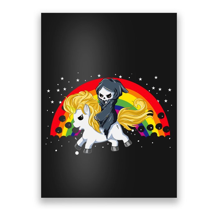 Cute Scary Ghost Face Skull Reaper On Golden Unicorn Rainbow Poster