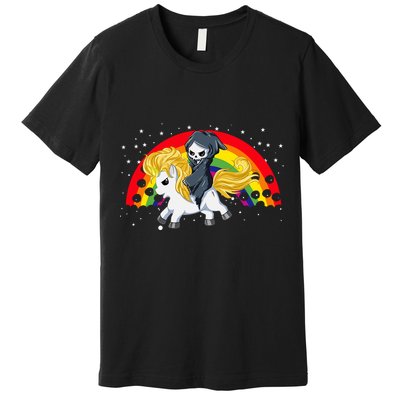 Cute Scary Ghost Face Skull Reaper On Golden Unicorn Rainbow Premium T-Shirt