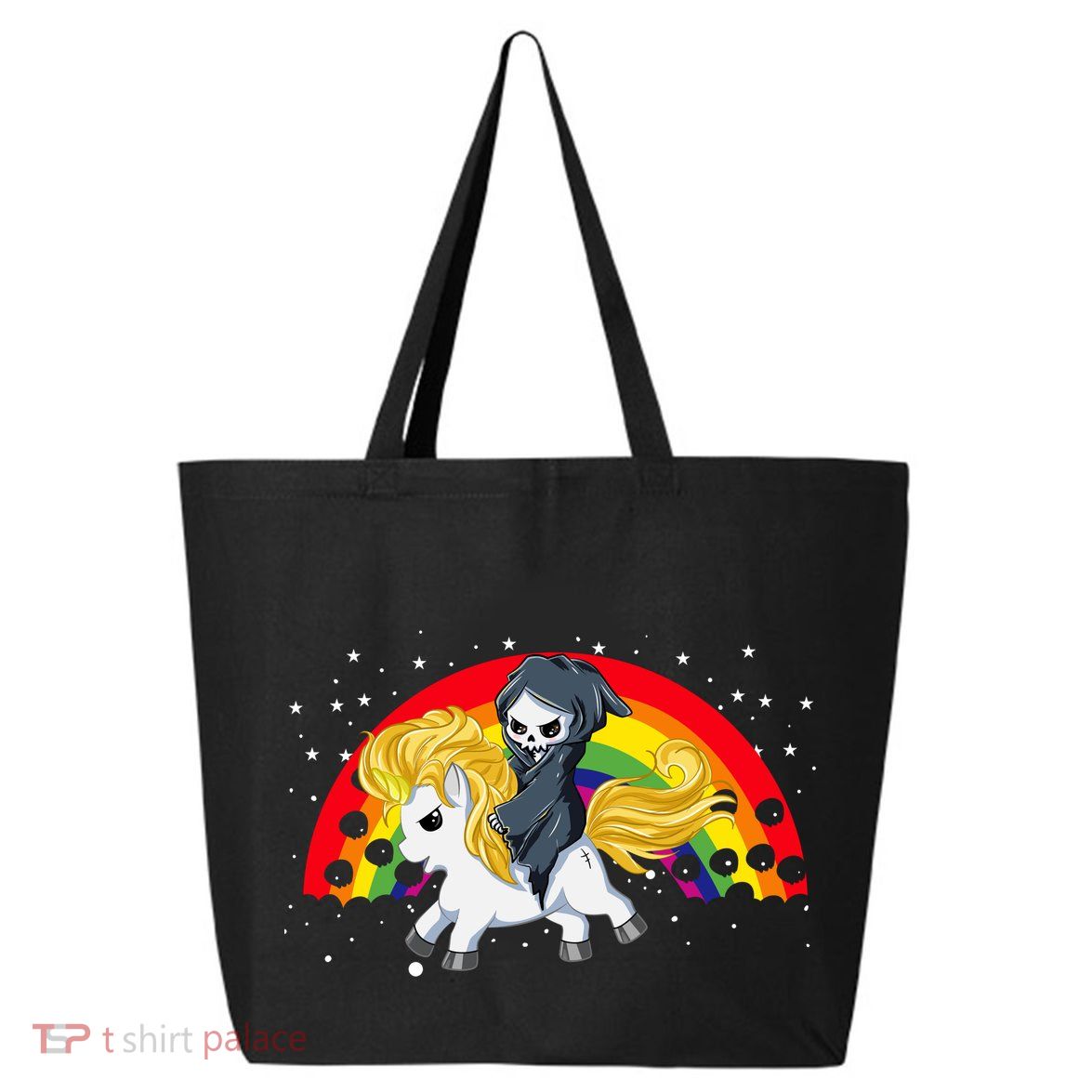 Cute Scary Ghost Face Skull Reaper On Golden Unicorn Rainbow 25L Jumbo Tote