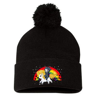 Cute Scary Ghost Face Skull Reaper On Golden Unicorn Rainbow Pom Pom 12in Knit Beanie