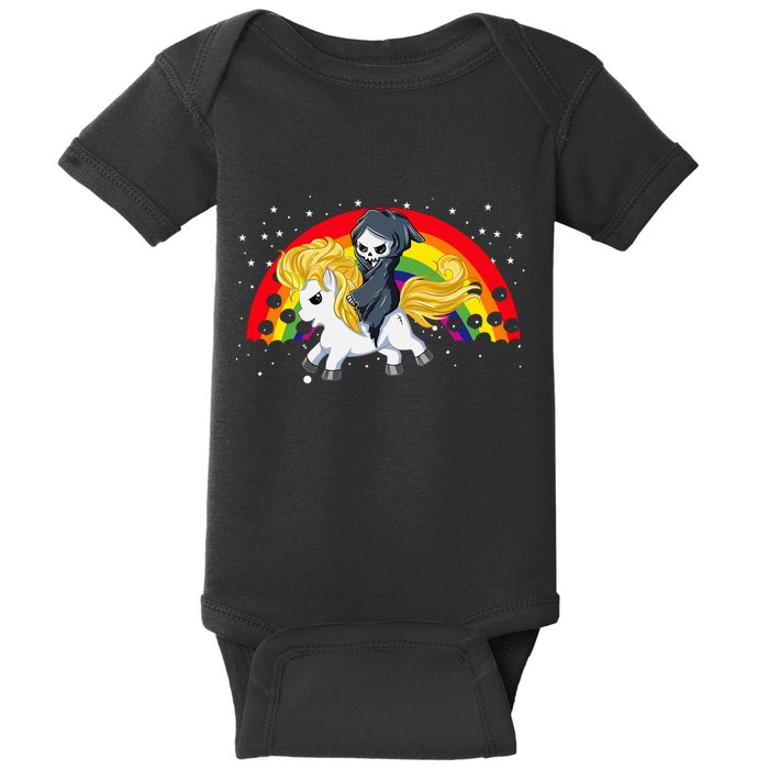 Cute Scary Ghost Face Skull Reaper On Golden Unicorn Rainbow Baby Bodysuit