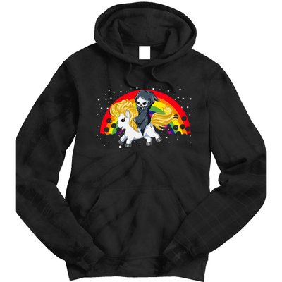 Cute Scary Ghost Face Skull Reaper On Golden Unicorn Rainbow Tie Dye Hoodie