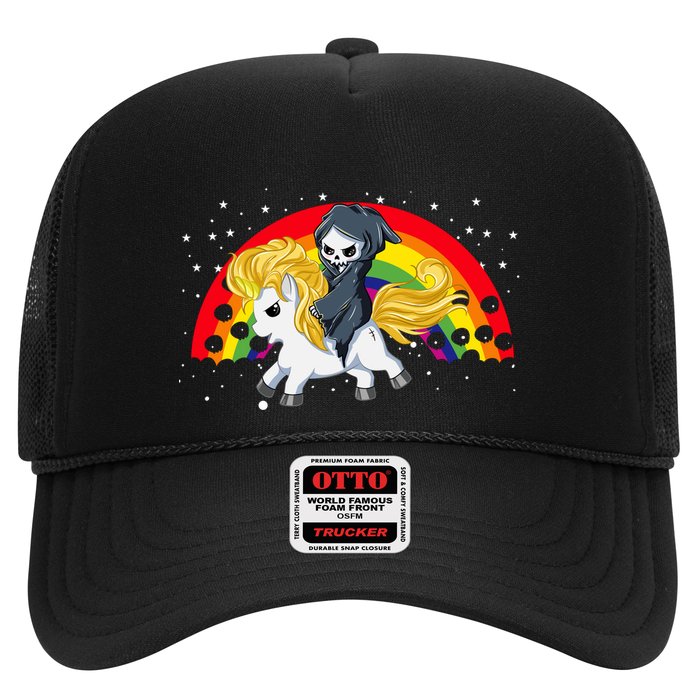 Cute Scary Ghost Face Skull Reaper On Golden Unicorn Rainbow Trucker Hat