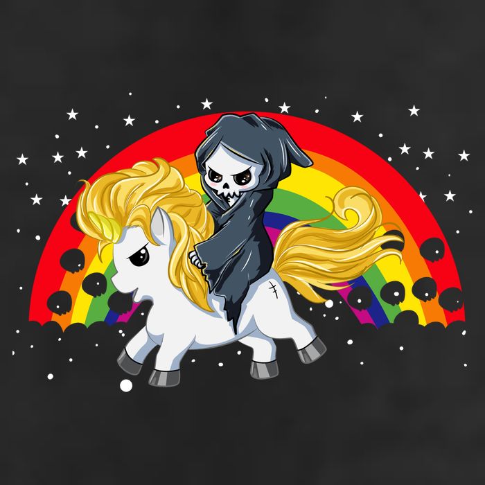Cute Scary Ghost Face Skull Reaper On Golden Unicorn Rainbow Trucker Hat