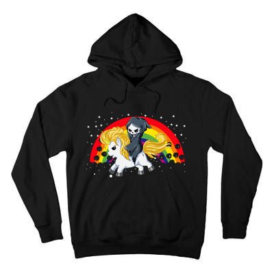 Cute Scary Ghost Face Skull Reaper On Golden Unicorn Rainbow Tall Hoodie
