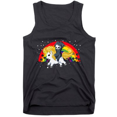 Cute Scary Ghost Face Skull Reaper On Golden Unicorn Rainbow Tank Top