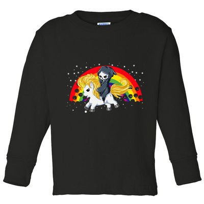 Cute Scary Ghost Face Skull Reaper On Golden Unicorn Rainbow Toddler Long Sleeve Shirt