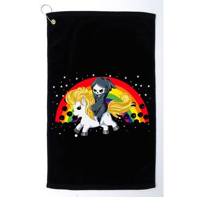 Cute Scary Ghost Face Skull Reaper On Golden Unicorn Rainbow Golf Towel