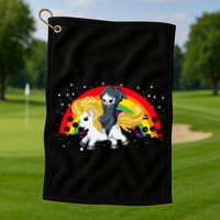 Cute Scary Ghost Face Skull Reaper On Golden Unicorn Rainbow Golf Towel