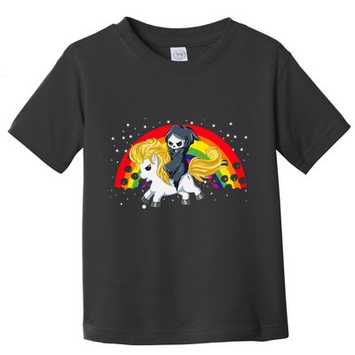 Cute Scary Ghost Face Skull Reaper On Golden Unicorn Rainbow Toddler T-Shirt