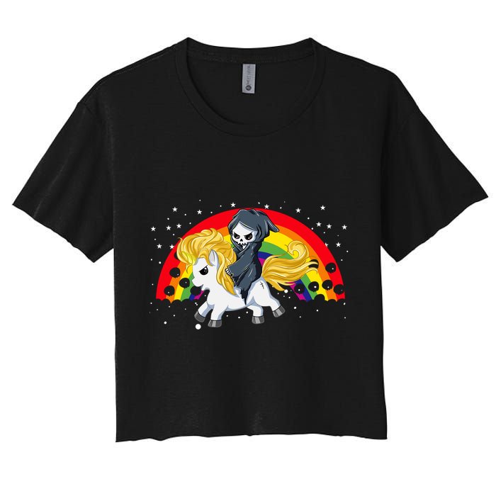 Cute Scary Ghost Face Skull Reaper On Golden Unicorn Rainbow Women's Crop Top Tee