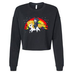 Cute Scary Ghost Face Skull Reaper On Golden Unicorn Rainbow Cropped Pullover Crew