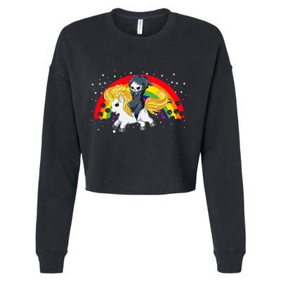 Cute Scary Ghost Face Skull Reaper On Golden Unicorn Rainbow Cropped Pullover Crew