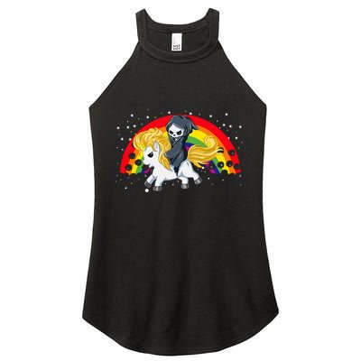 Cute Scary Ghost Face Skull Reaper On Golden Unicorn Rainbow Women's Perfect Tri Rocker Tank
