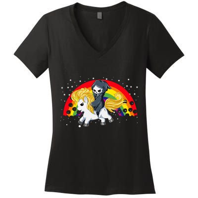 Cute Scary Ghost Face Skull Reaper On Golden Unicorn Rainbow Women's V-Neck T-Shirt