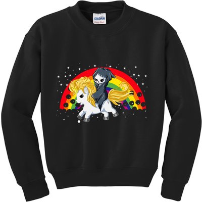 Cute Scary Ghost Face Skull Reaper On Golden Unicorn Rainbow Kids Sweatshirt