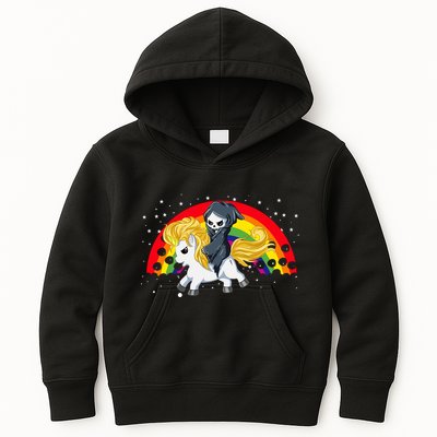 Cute Scary Ghost Face Skull Reaper On Golden Unicorn Rainbow Kids Hoodie