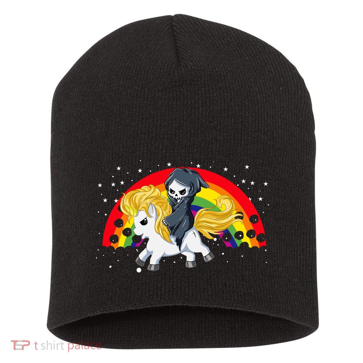 Cute Scary Ghost Face Skull Reaper On Golden Unicorn Rainbow Short Acrylic Beanie
