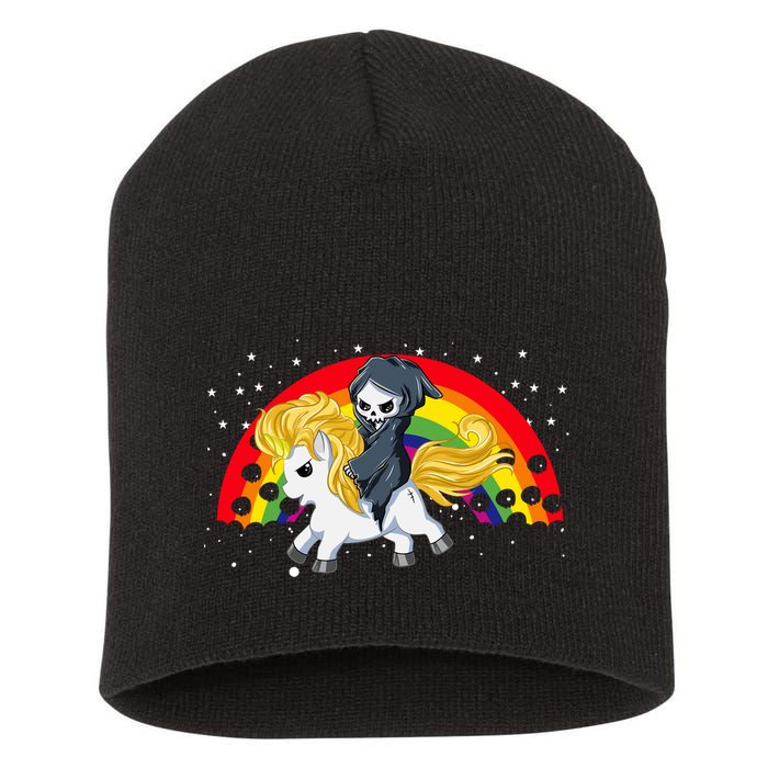 Cute Scary Ghost Face Skull Reaper On Golden Unicorn Rainbow Short Acrylic Beanie
