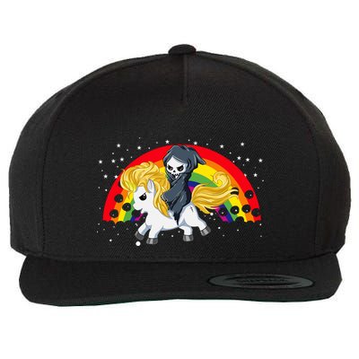 Cute Scary Ghost Face Skull Reaper On Golden Unicorn Rainbow Wool Snapback Cap