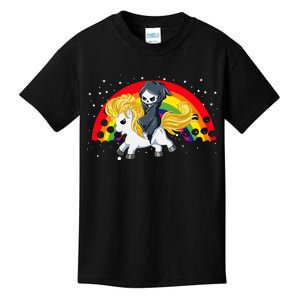 Cute Scary Ghost Face Skull Reaper On Golden Unicorn Rainbow Kids T-Shirt