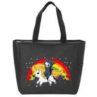 Cute Scary Ghost Face Skull Reaper On Golden Unicorn Rainbow Zip Tote Bag