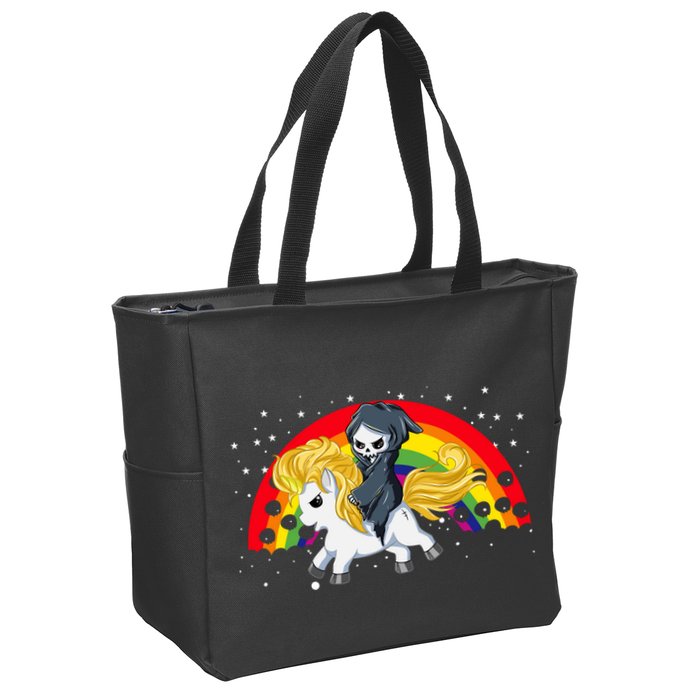Cute Scary Ghost Face Skull Reaper On Golden Unicorn Rainbow Zip Tote Bag