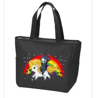 Cute Scary Ghost Face Skull Reaper On Golden Unicorn Rainbow Zip Tote Bag