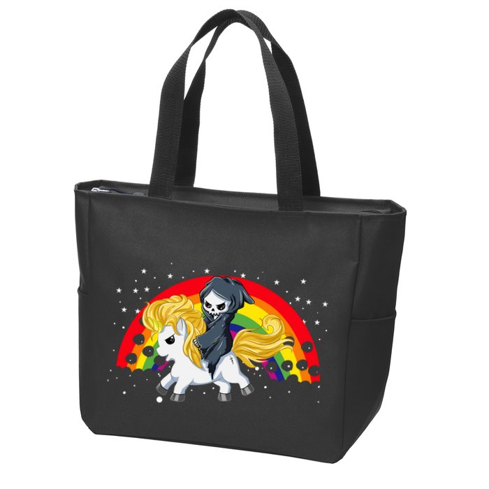 Cute Scary Ghost Face Skull Reaper On Golden Unicorn Rainbow Zip Tote Bag